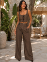Kahve Tokalı Crop Büstiyer & Yüksek Bel Bol Paça Pantolon Takım