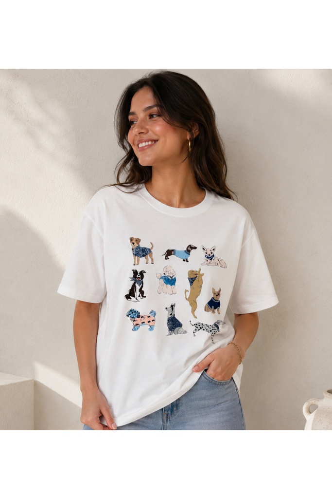 [KPK-FGRL-VRSZ-T-3] Köpek Figürlü Oversize T-shirt Ekru