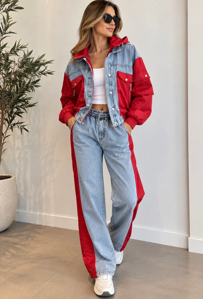 Denim & Kırmızı Detaylı İkili Takım