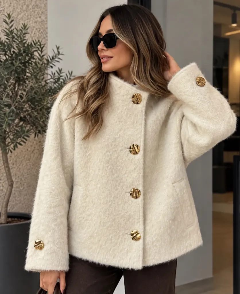 Gold Düğme Detaylı Peluş Dokulu Premium Ceket