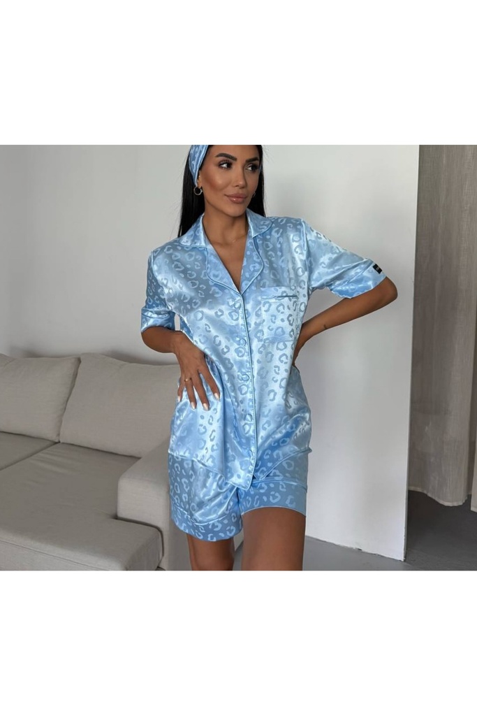 Leopar Desenli Mavi Üçlü Pijama Takımı