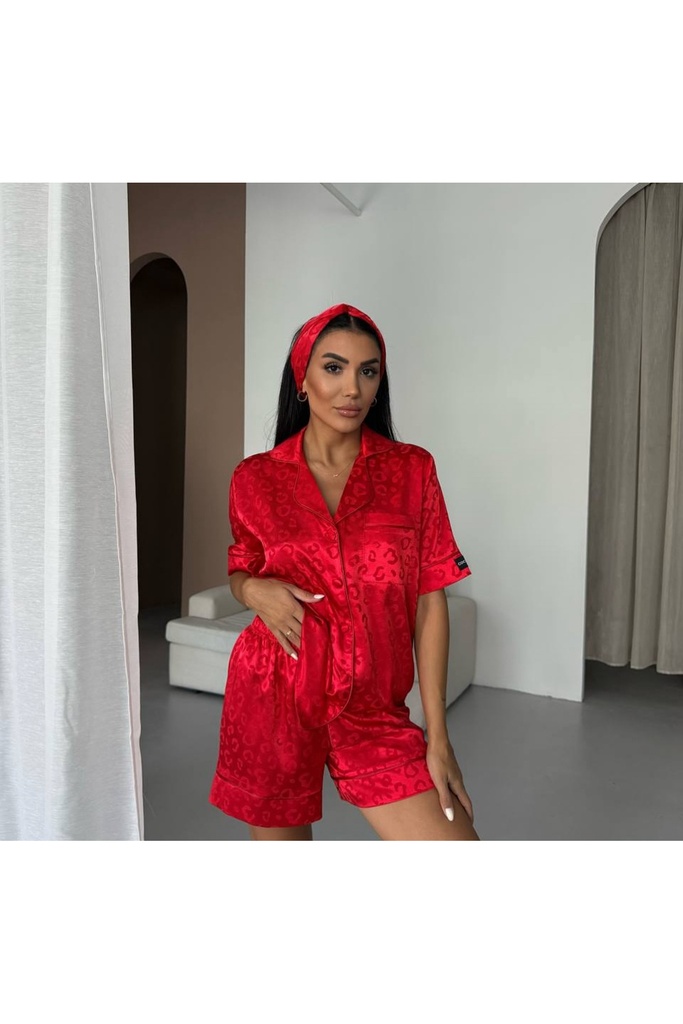 Leopar Desenli Kırmızı Üçlü Pijama Takımı