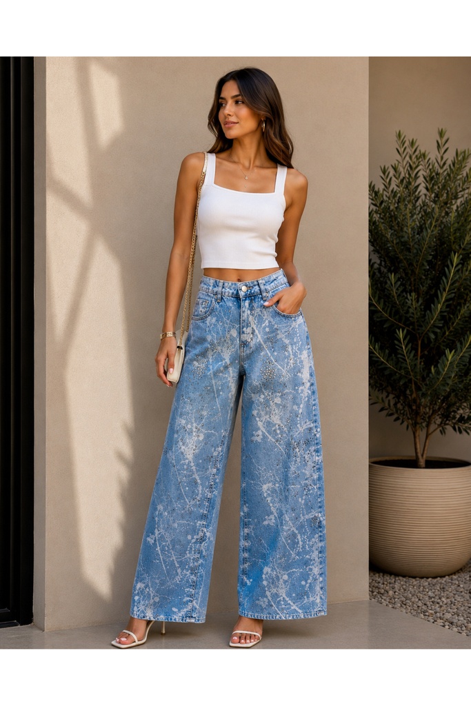 [TS-DTYL-DSNL-JN-20] Taş Detaylı Desenli Palazzo Jean